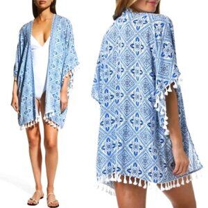 La Blanca Tassel-Trim Kimono Swimsuit Cover-Up, Capri Blue - PLUS SIZE